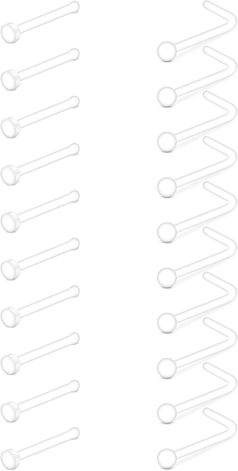 D.Bella 18G 20G Clear Nose Studs Acrylic L Shape Nose Rings Bioflex Bone Pin Straight Nose Studs Flexible Nose Piercing Retainer Flat Top for Men Women - Image 2